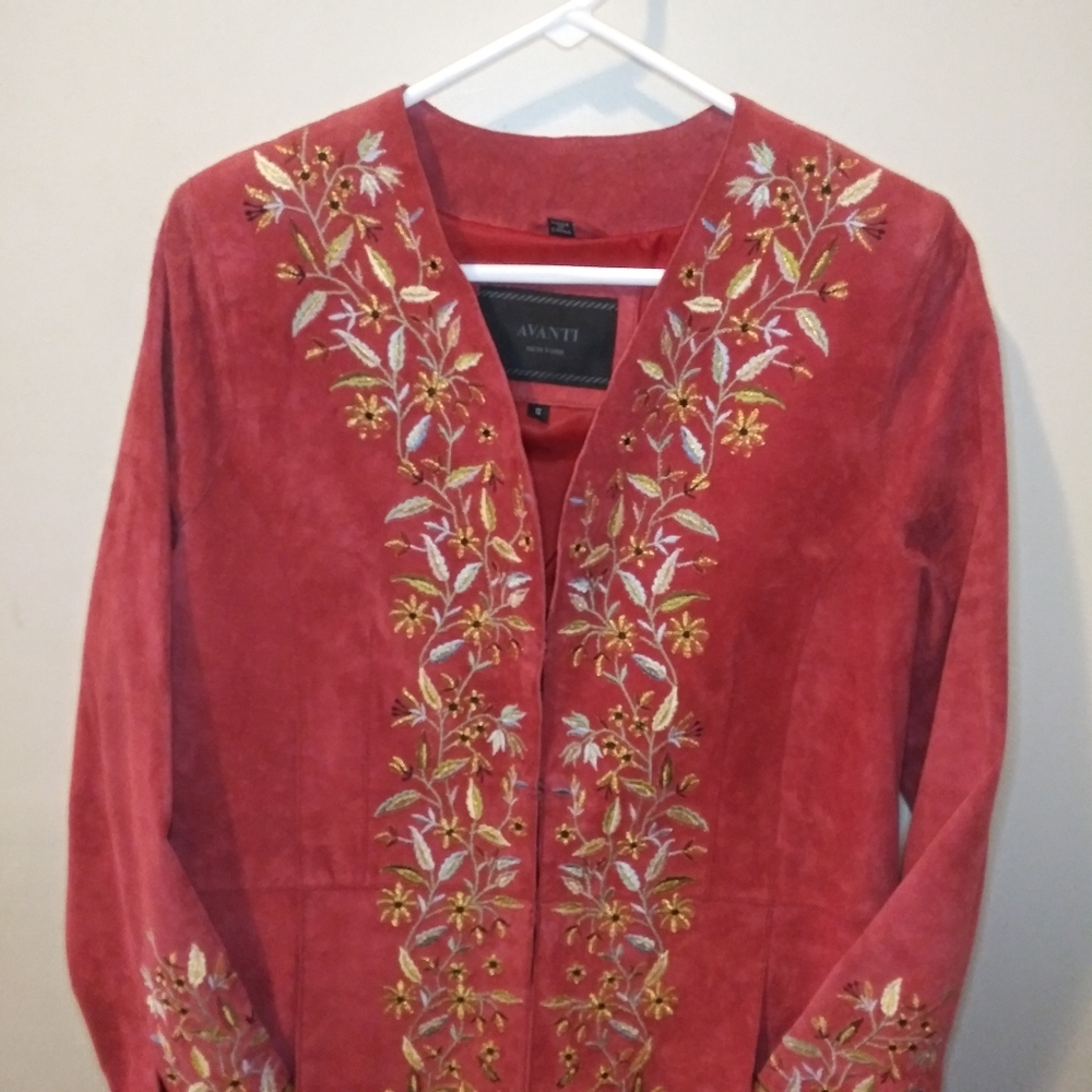 Avanti Boho/Southwestern Brick Red, Floral Embroidered Genuine Suede Coat - Picture 2 of 16